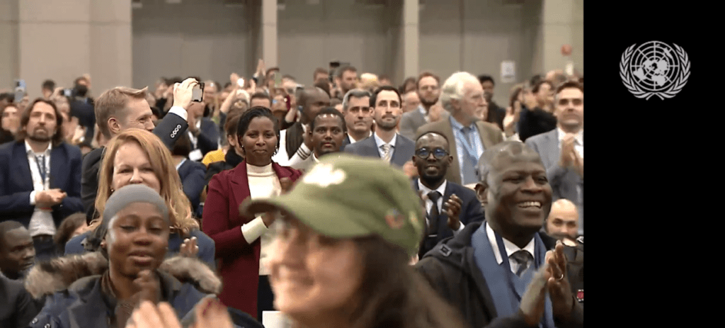 Delegates joining Juliet Kabera (Red jacket, centre) in standing up and applauding for an ambitious treaty (Screenshot: UN Webcast)