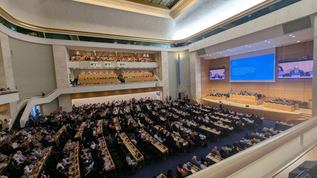 Delegates reconvene in the Assembly Hall at the Palais des Nations for Saturday’s stocktaking plenary at INC 5.2 of the Global Plastics Treaty negotiations in Geneva