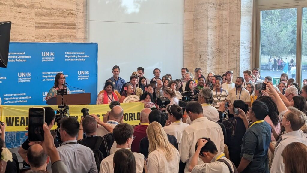 the Women’s Major Group and Indigenous Peoples Caucus addressed delegates and media with an overarching message: ‘A weak treaty will fail the world.’ Photo by Sam Winton.